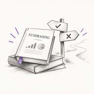 Rajz: nyitott fundraising-könyv útjelző táblával