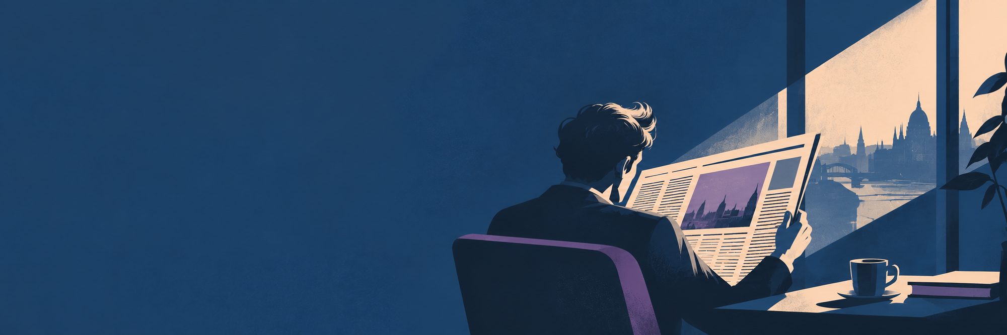 Illusztráció: férfi újságot olvas egy ablak mellett, odakint a budapesti Duna-part