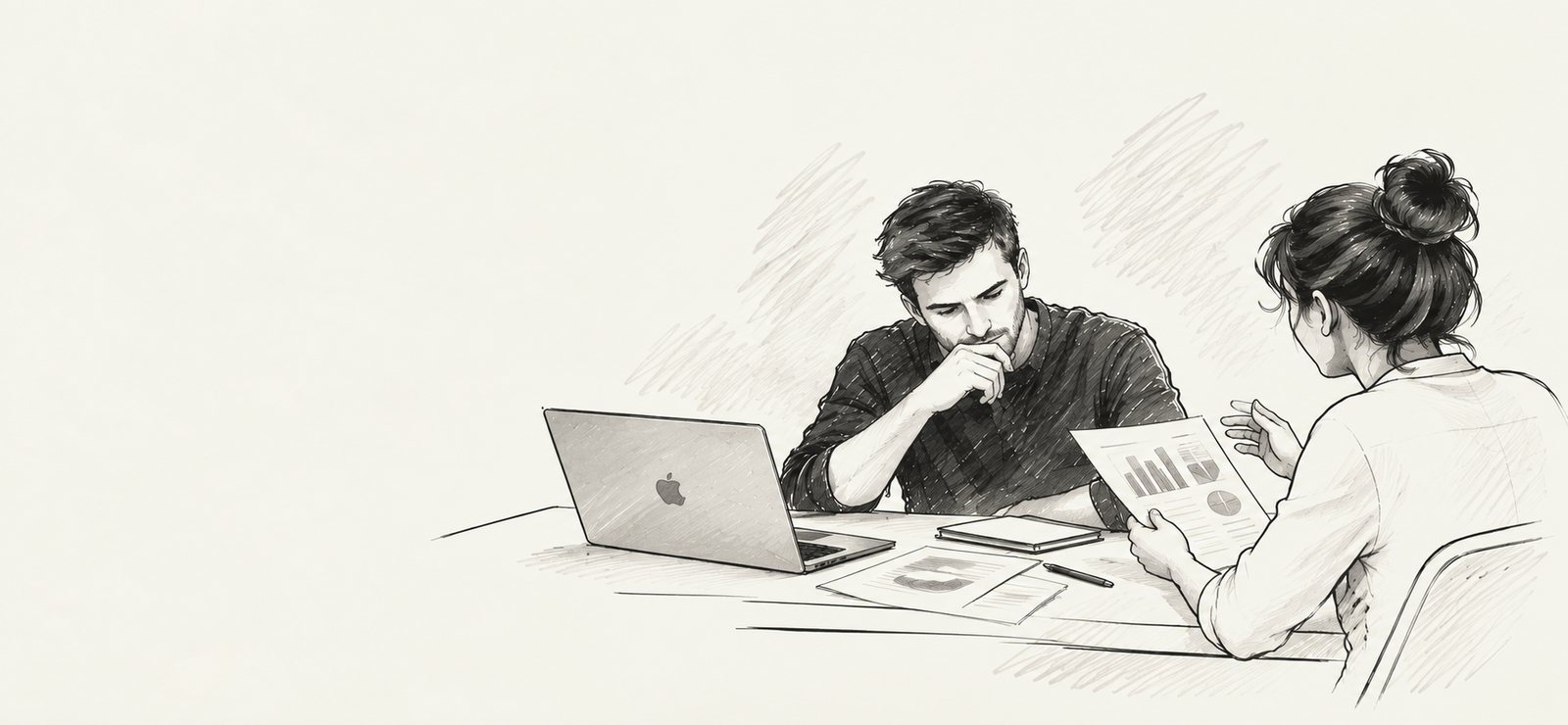 Ceruzarajz egy adományszervezési megbeszélésről: egy férfi a laptopja mellett gondolkodik, egy nő grafikonos kimutatást mutat neki